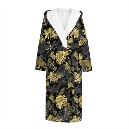 Black And Gold Tropical Pattern Print Hooded Bathrobe