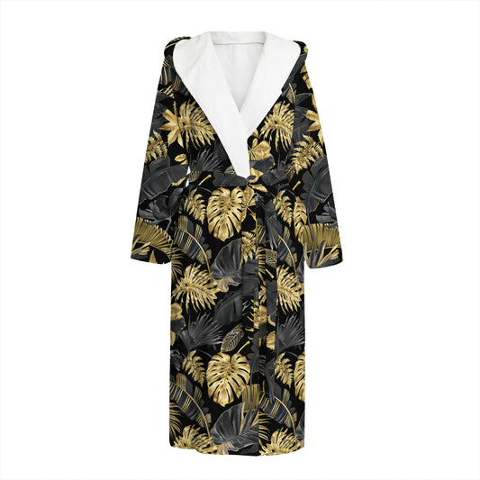 Black And Gold Tropical Pattern Print Hooded Bathrobe