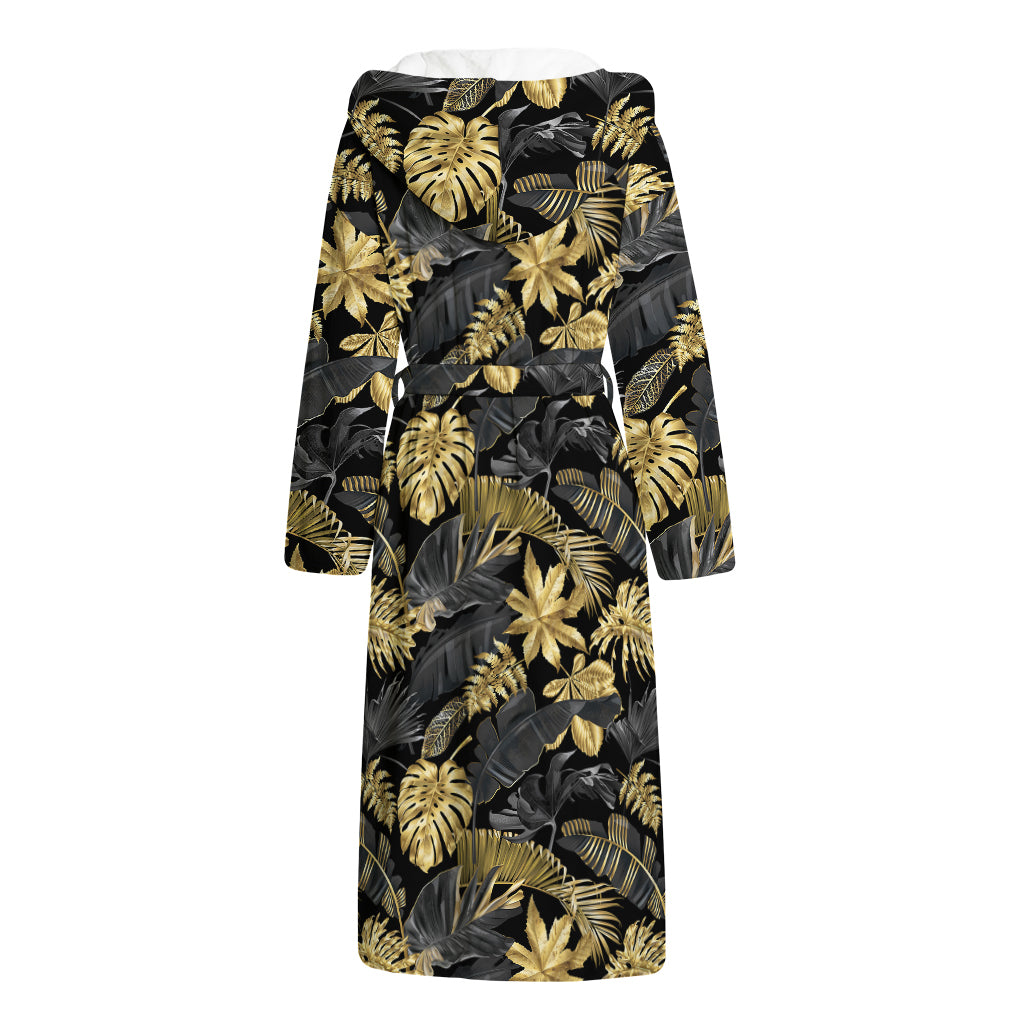 Black And Gold Tropical Pattern Print Hooded Bathrobe