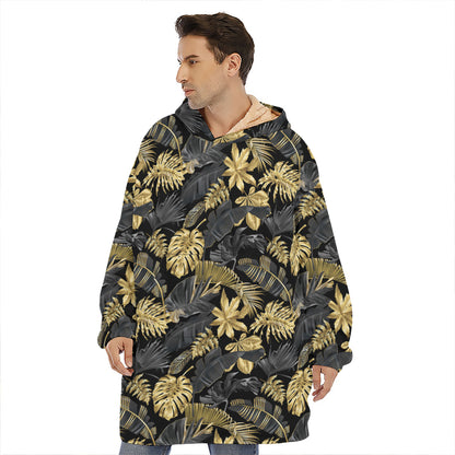 Black And Gold Tropical Pattern Print Hoodie Blanket