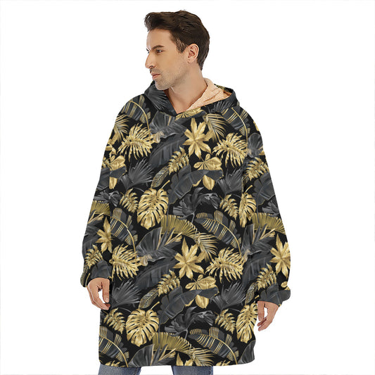 Black And Gold Tropical Pattern Print Hoodie Blanket