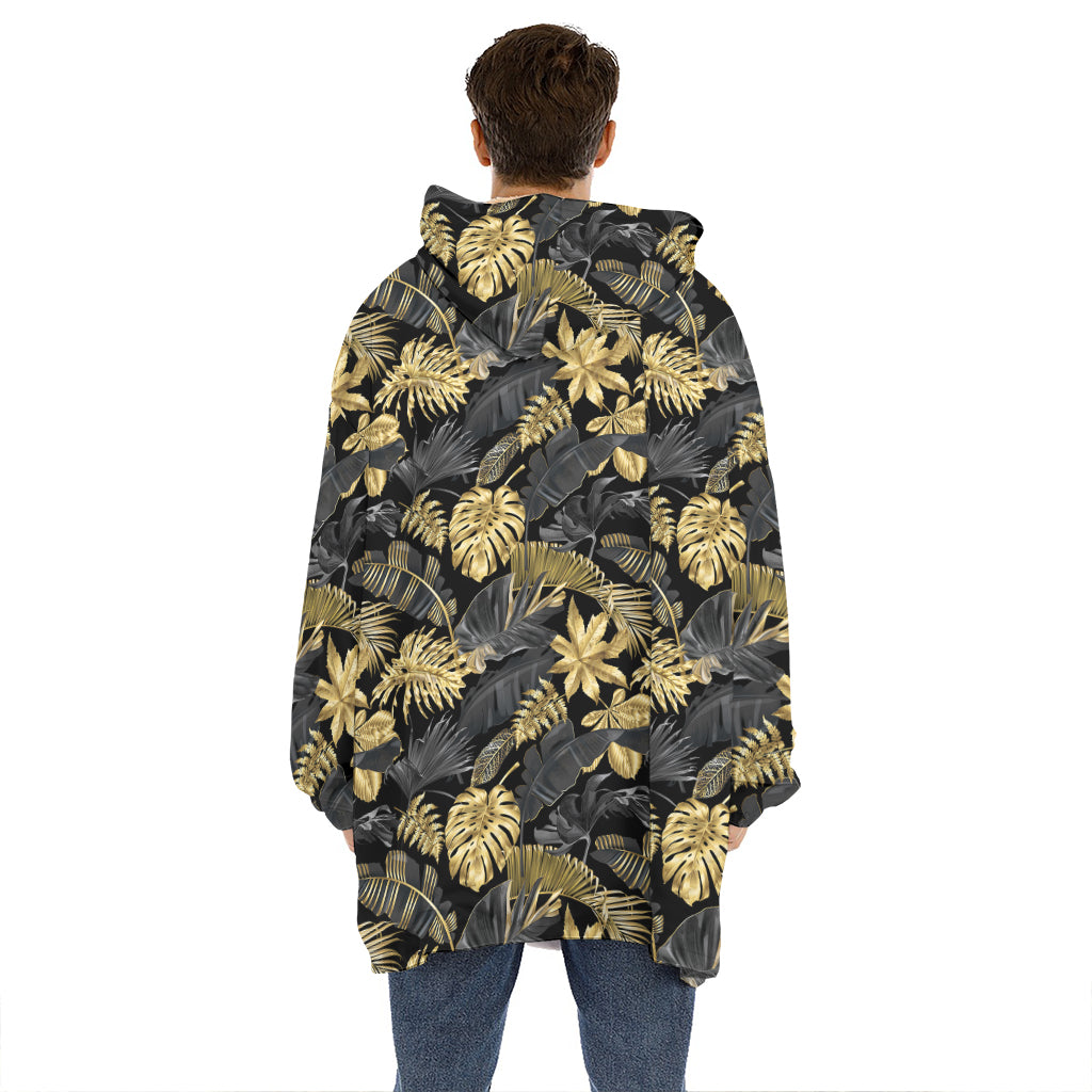 Black And Gold Tropical Pattern Print Hoodie Blanket