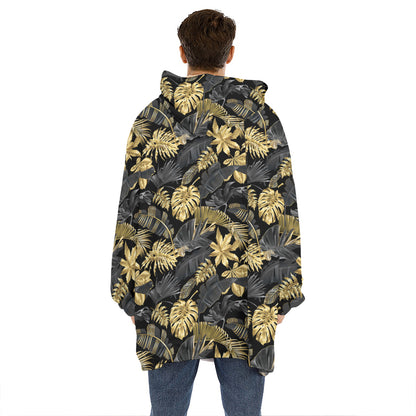 Black And Gold Tropical Pattern Print Hoodie Blanket