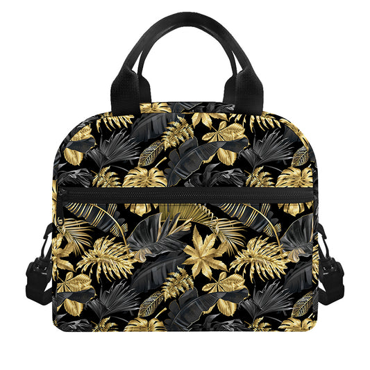 Black And Gold Tropical Pattern Print Insulated Lunch Bag