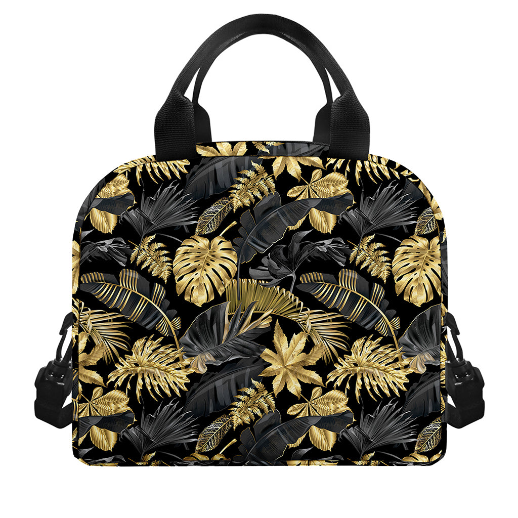 Black And Gold Tropical Pattern Print Insulated Lunch Bag
