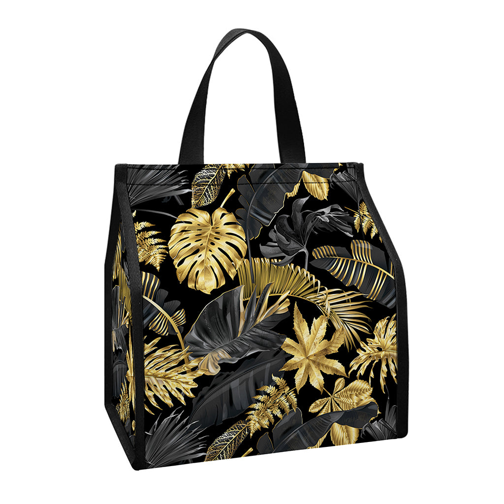Black And Gold Tropical Pattern Print Insulated Lunch Tote
