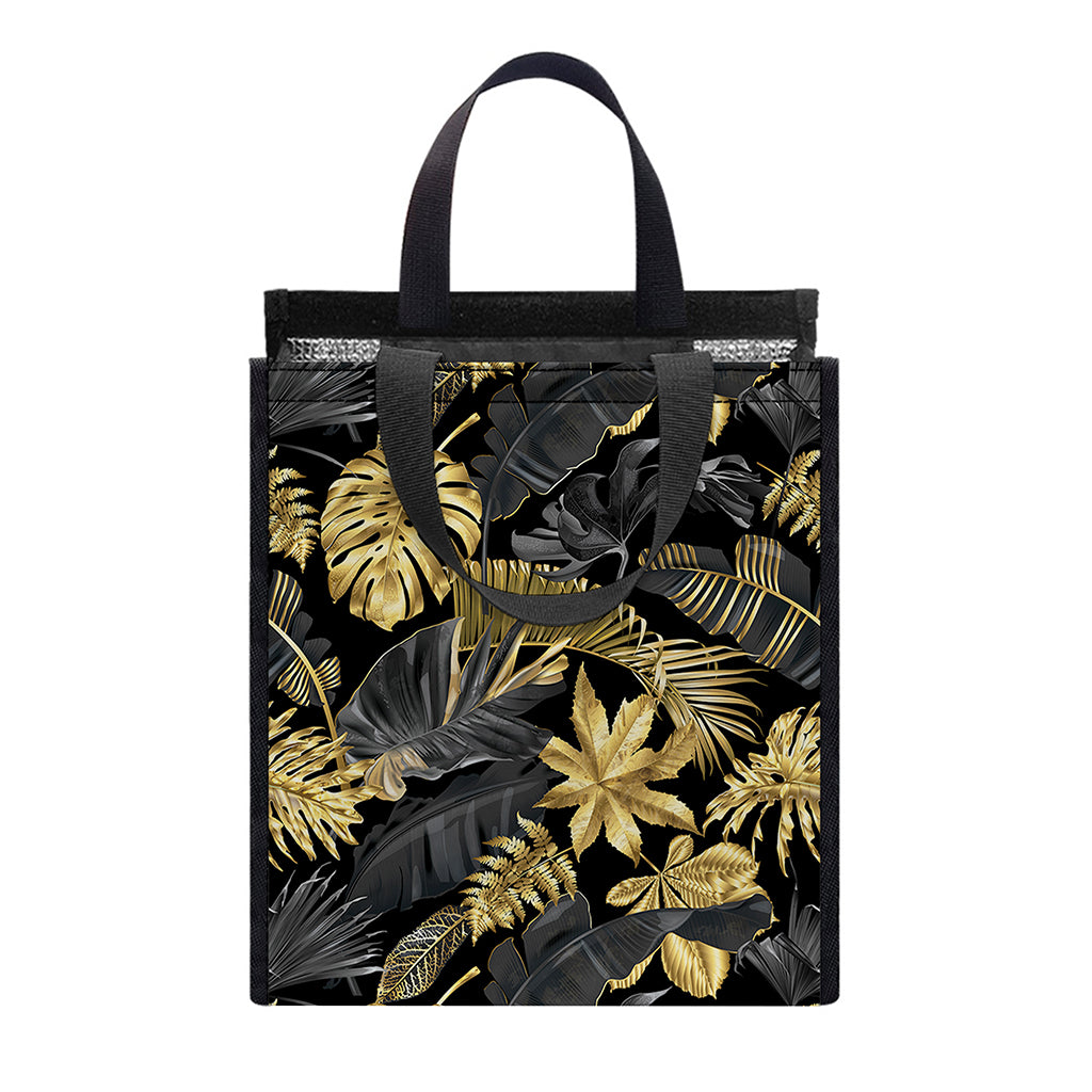 Black And Gold Tropical Pattern Print Insulated Lunch Tote