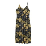 Black And Gold Tropical Pattern Print Jersey Midi Cami Dress