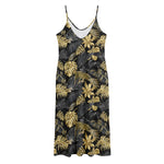 Black And Gold Tropical Pattern Print Jersey Midi Cami Dress