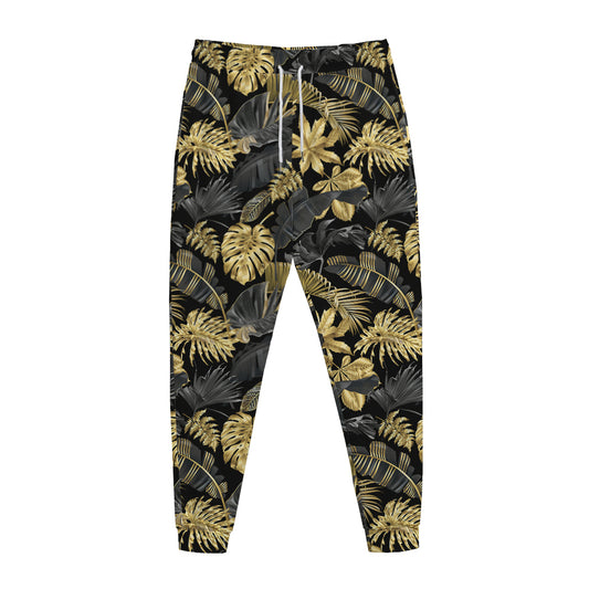 Black And Gold Tropical Pattern Print Jogger Pants