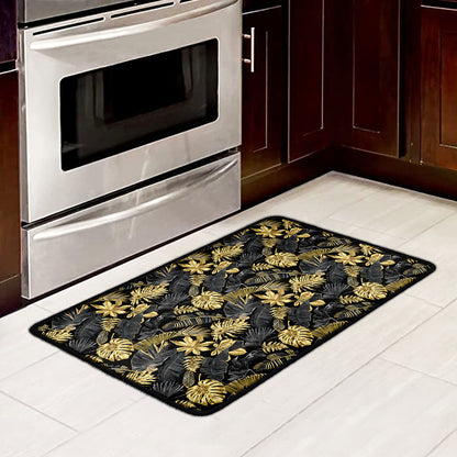 Black And Gold Tropical Pattern Print Kitchen Mat