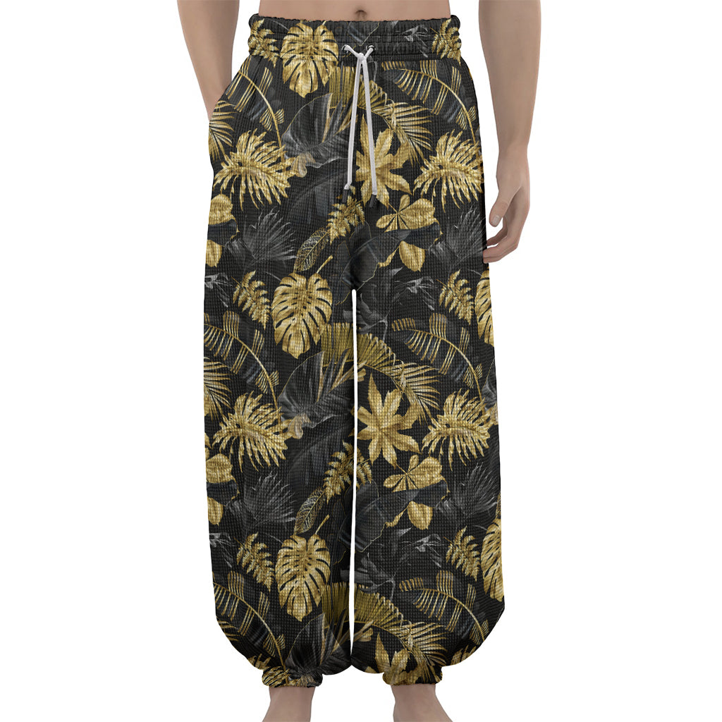 Black And Gold Tropical Pattern Print Lantern Pants