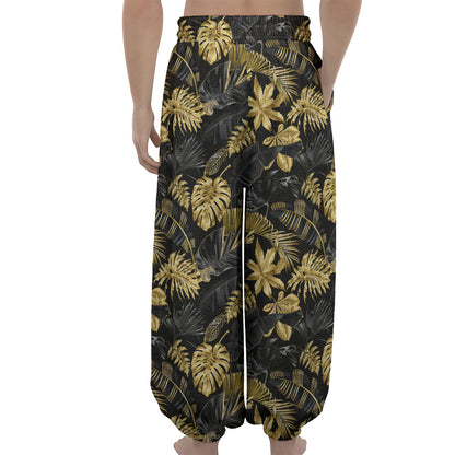 Black And Gold Tropical Pattern Print Lantern Pants