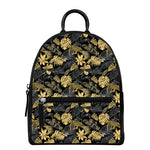 Black And Gold Tropical Pattern Print Leather Backpack