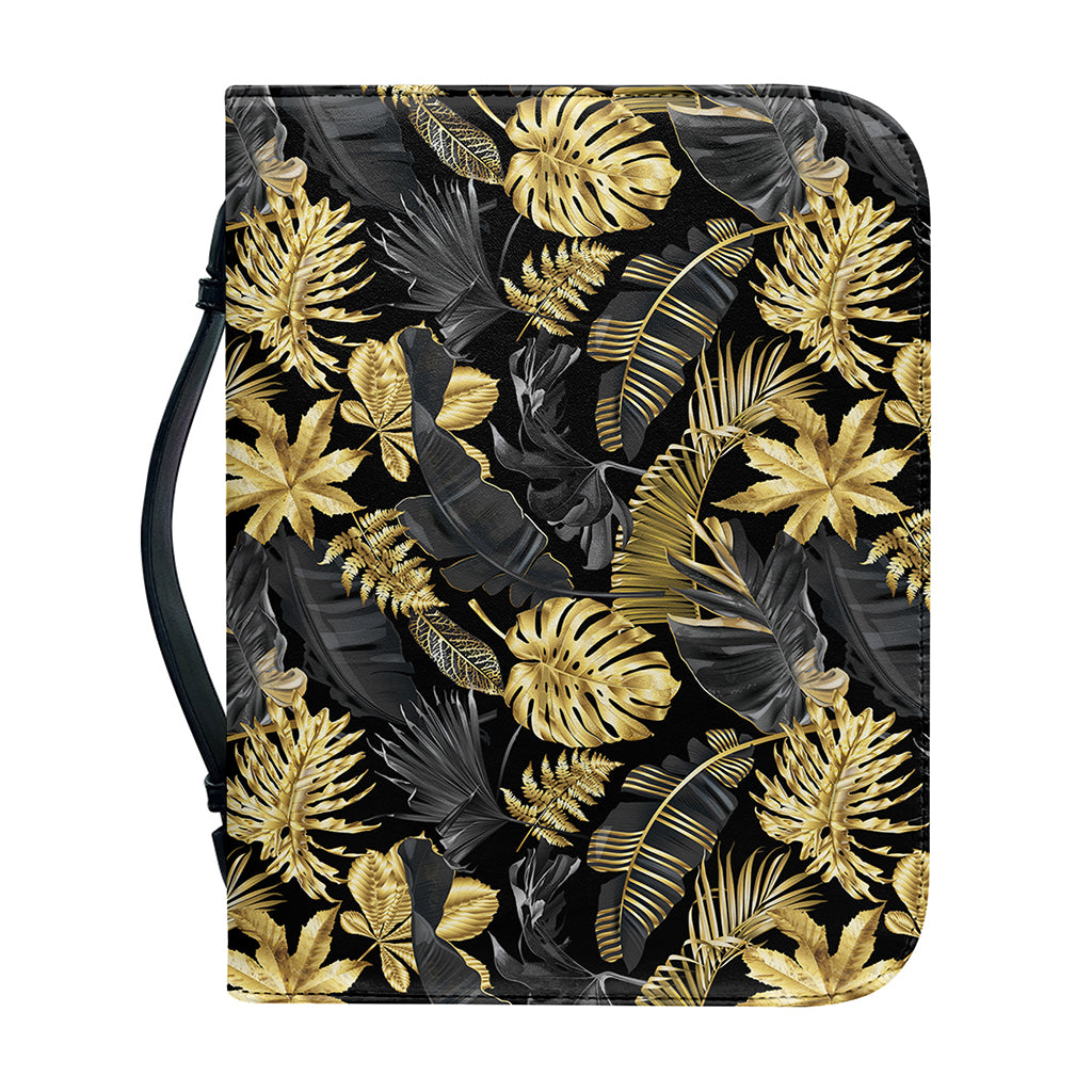 Black And Gold Tropical Pattern Print Leather Bible Cover