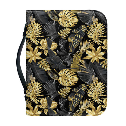 Black And Gold Tropical Pattern Print Leather Bible Cover