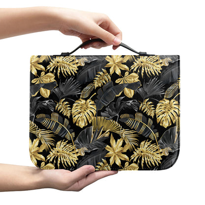 Black And Gold Tropical Pattern Print Leather Bible Cover