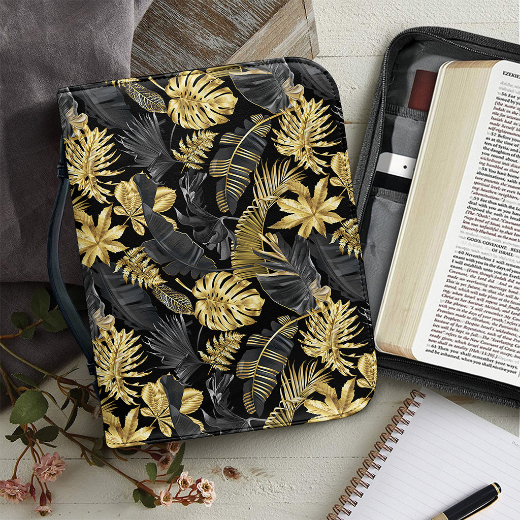 Black And Gold Tropical Pattern Print Leather Bible Cover