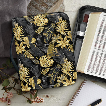 Black And Gold Tropical Pattern Print Leather Bible Cover