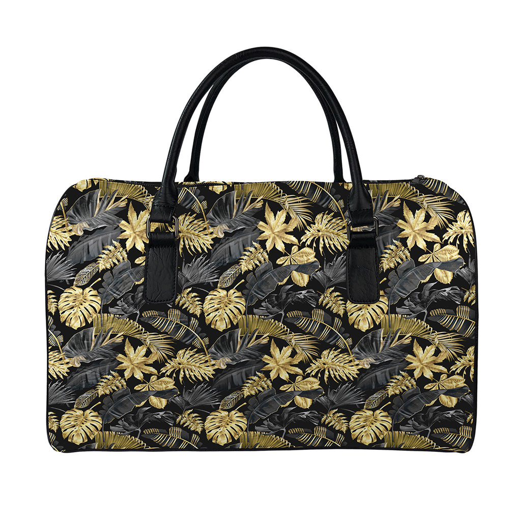 Black And Gold Tropical Pattern Print Leather Duffle Bag