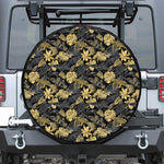 Black And Gold Tropical Pattern Print Leather Spare Tire Cover