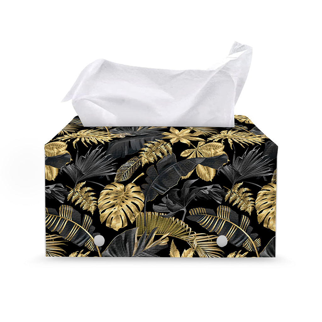 Black And Gold Tropical Pattern Print Leather Tissue Box Cover