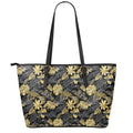 Black And Gold Tropical Pattern Print Leather Tote Bag With Zipper