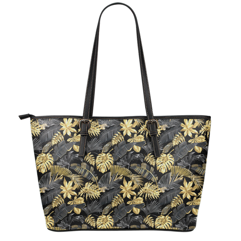 Black And Gold Tropical Pattern Print Leather Tote Bag