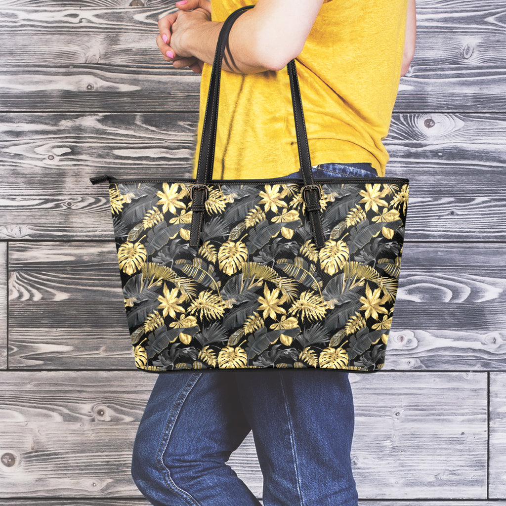 Black And Gold Tropical Pattern Print Leather Tote Bag