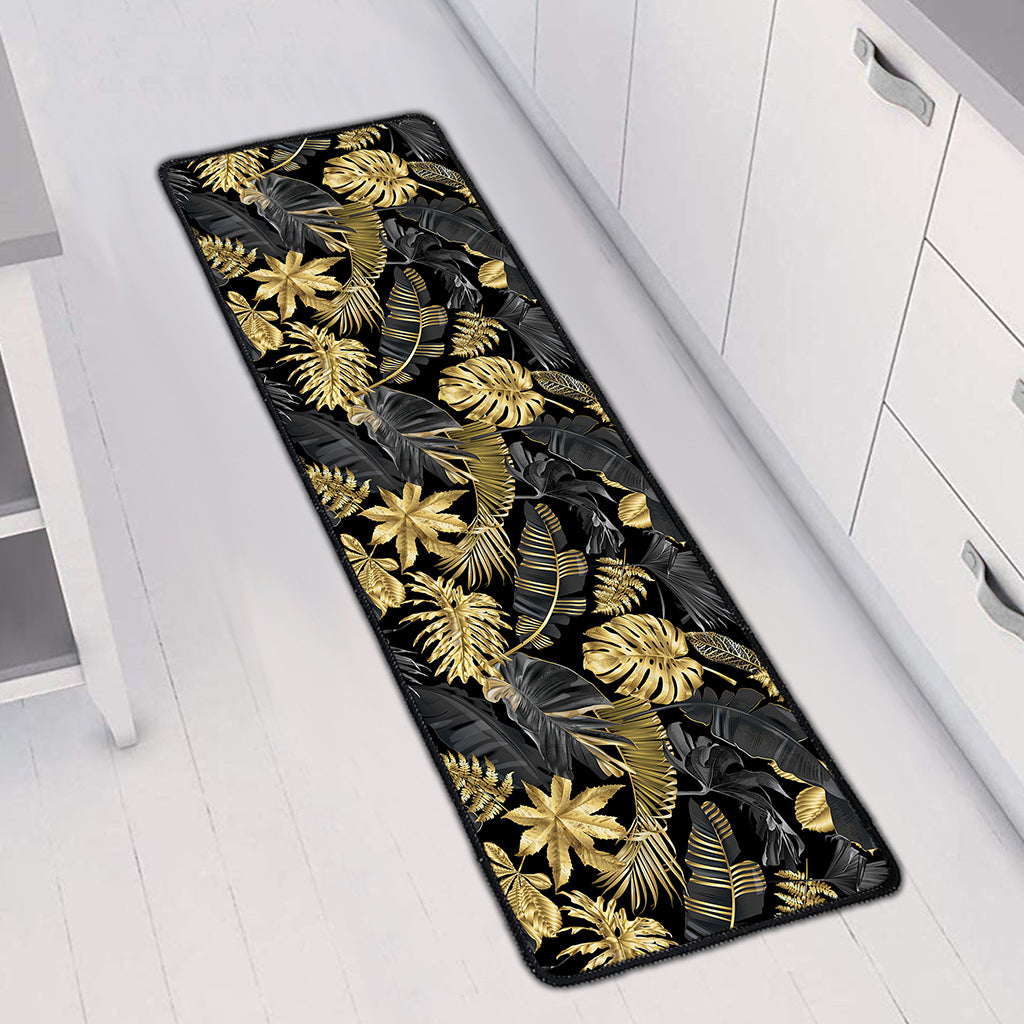 Black And Gold Tropical Pattern Print Long Kitchen Mat