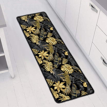 Black And Gold Tropical Pattern Print Long Kitchen Mat