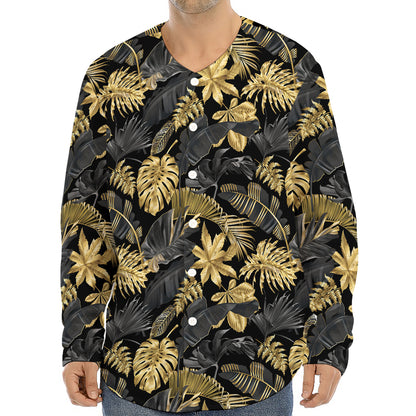 Black And Gold Tropical Pattern Print Long Sleeve Baseball Jersey
