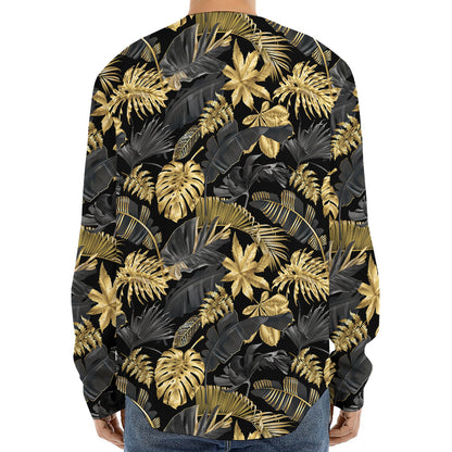 Black And Gold Tropical Pattern Print Long Sleeve Baseball Jersey