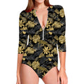 Black And Gold Tropical Pattern Print Long Sleeve Swimsuit