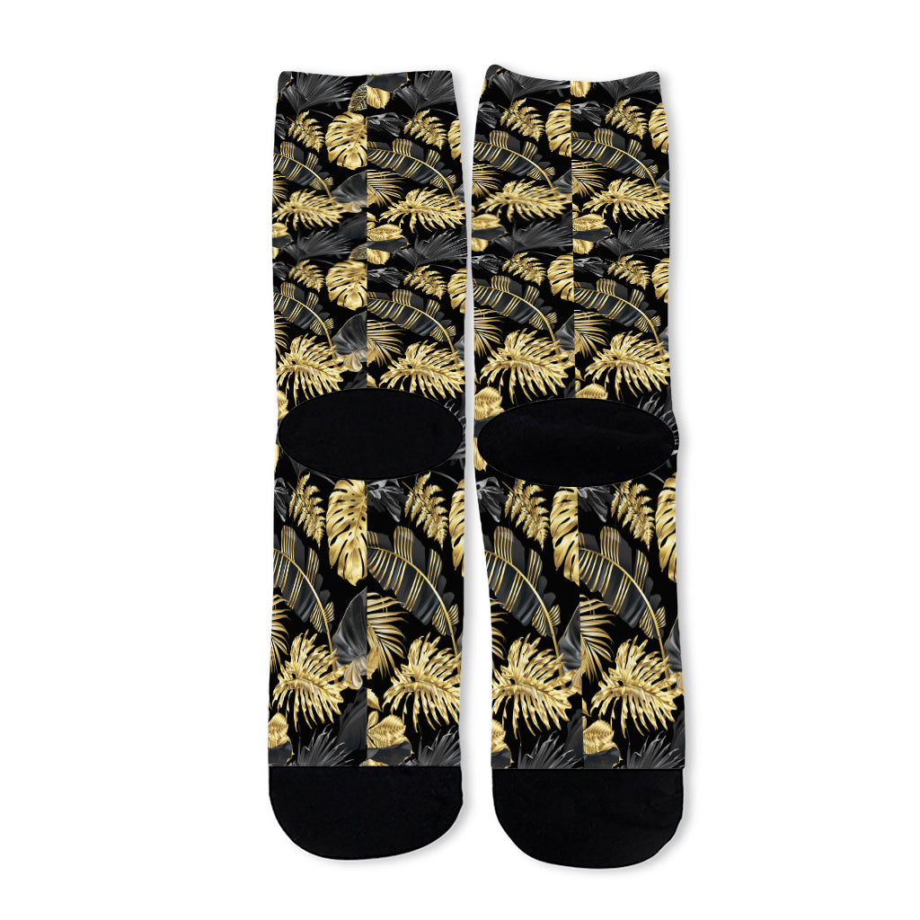 Black And Gold Tropical Pattern Print Long Socks