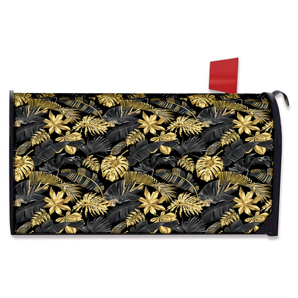Black And Gold Tropical Pattern Print Mailbox Cover