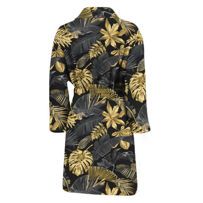 Black And Gold Tropical Pattern Print Men's Bathrobe