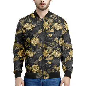 Black And Gold Tropical Pattern Print Men's Bomber Jacket