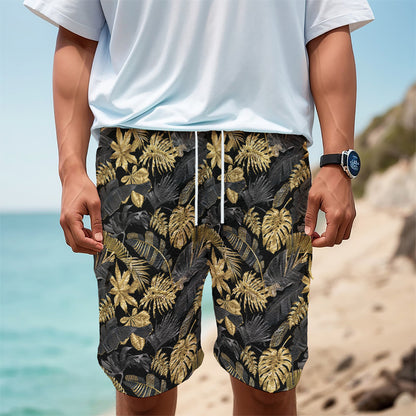 Black And Gold Tropical Pattern Print Men's Cargo Shorts