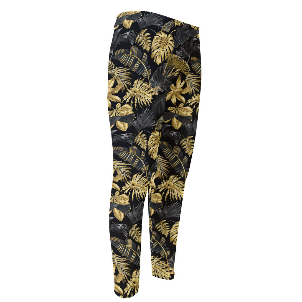 Black And Gold Tropical Pattern Print Men's Compression Pants