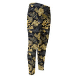 Black And Gold Tropical Pattern Print Men's Compression Pants