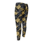 Black And Gold Tropical Pattern Print Men's Compression Pants