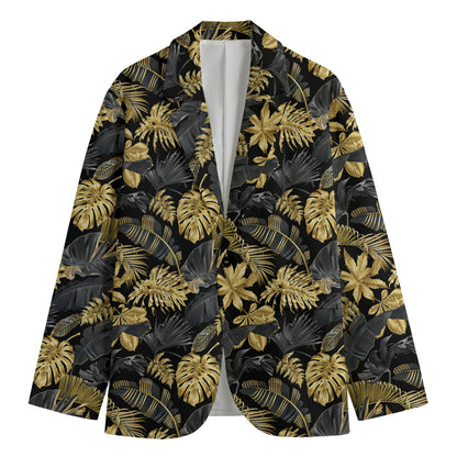 Black And Gold Tropical Pattern Print Men's Cotton Blazer