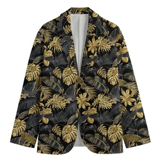 Black And Gold Tropical Pattern Print Men's Cotton Blazer