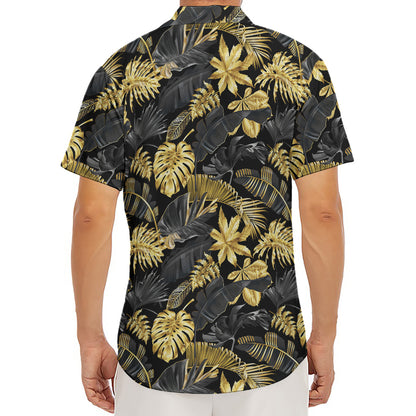Black And Gold Tropical Pattern Print Men's Deep V-Neck Shirt