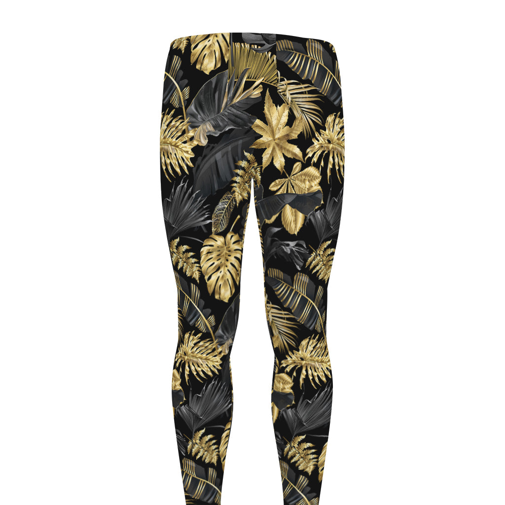 Black And Gold Tropical Pattern Print Men's leggings