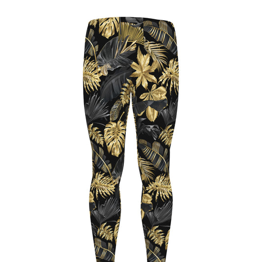 Black And Gold Tropical Pattern Print Men's leggings