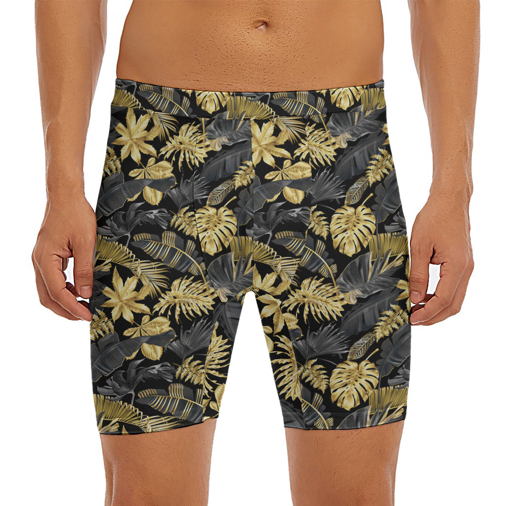 Black And Gold Tropical Pattern Print Men's Long Boxer Briefs