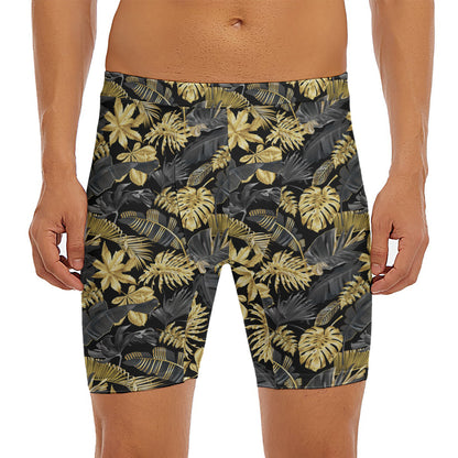 Black And Gold Tropical Pattern Print Men's Long Boxer Briefs