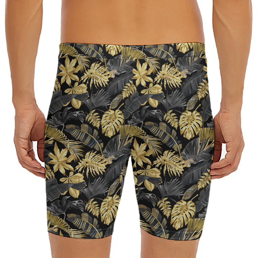 Black And Gold Tropical Pattern Print Men's Long Boxer Briefs